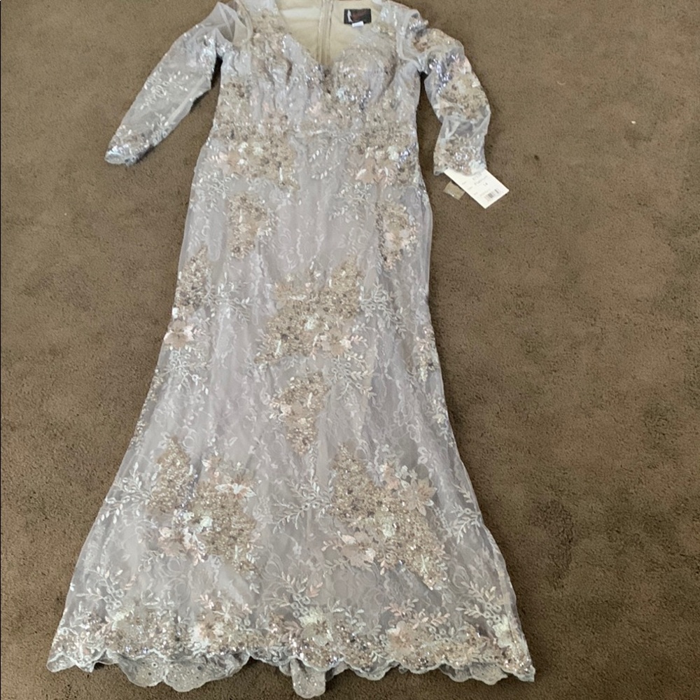 Mac Duggal Silver Floral Lace Gown